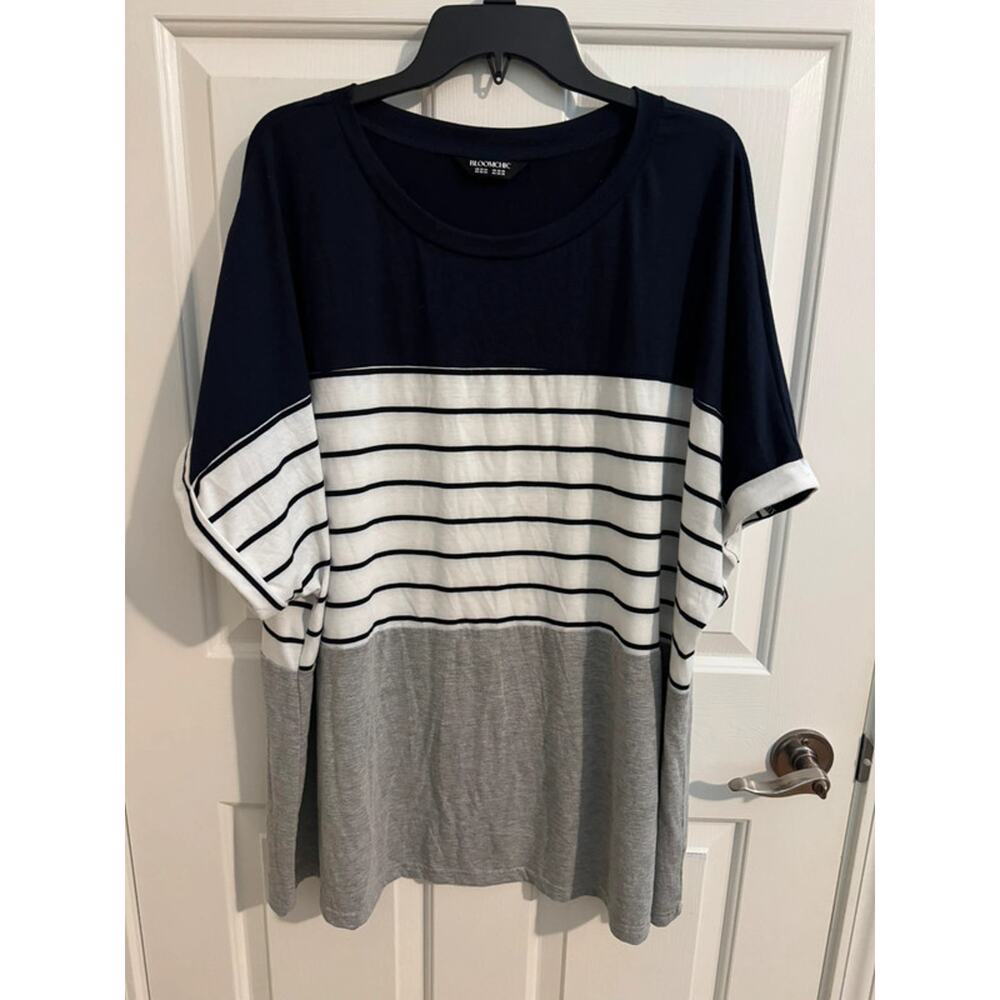 Bloomchic Color-Block Stretchy Stripes T-Shirt Navy White Gray 22-24 3X
